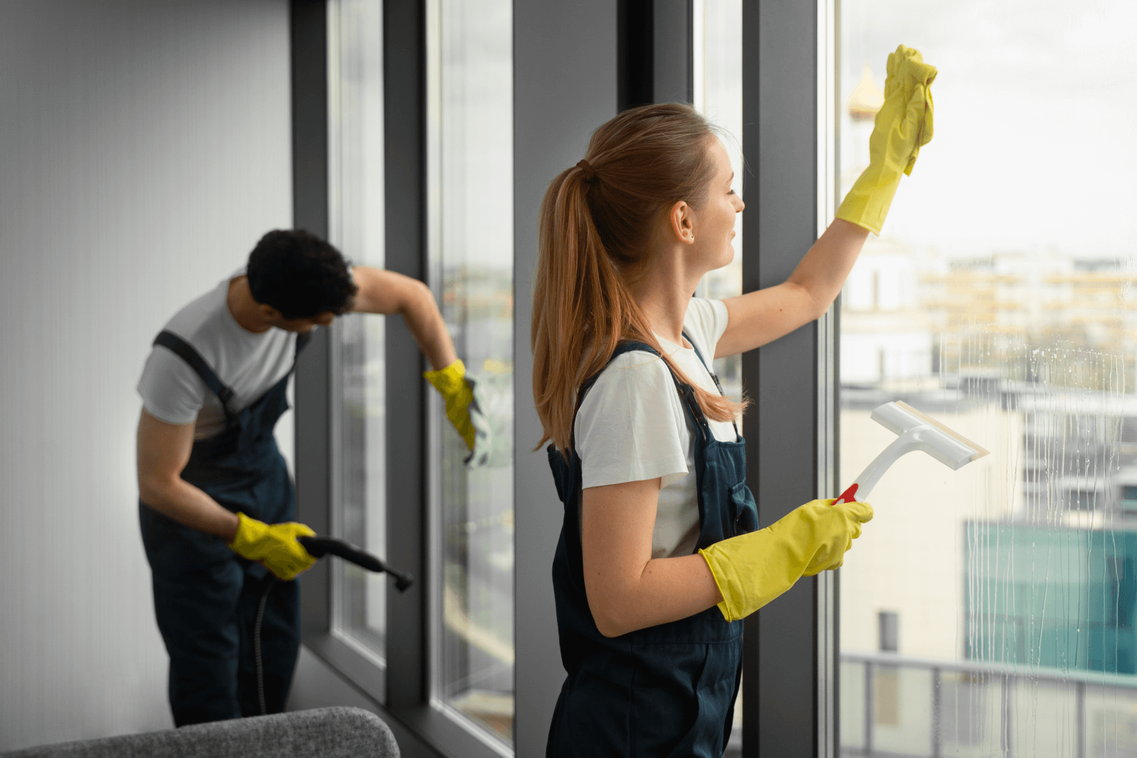 Two cleaners using a squeegee on large interior windows